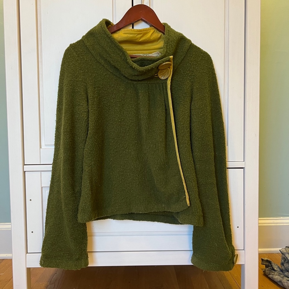 Unique Green Cardigan from Anthropologie with Large snap buttons.